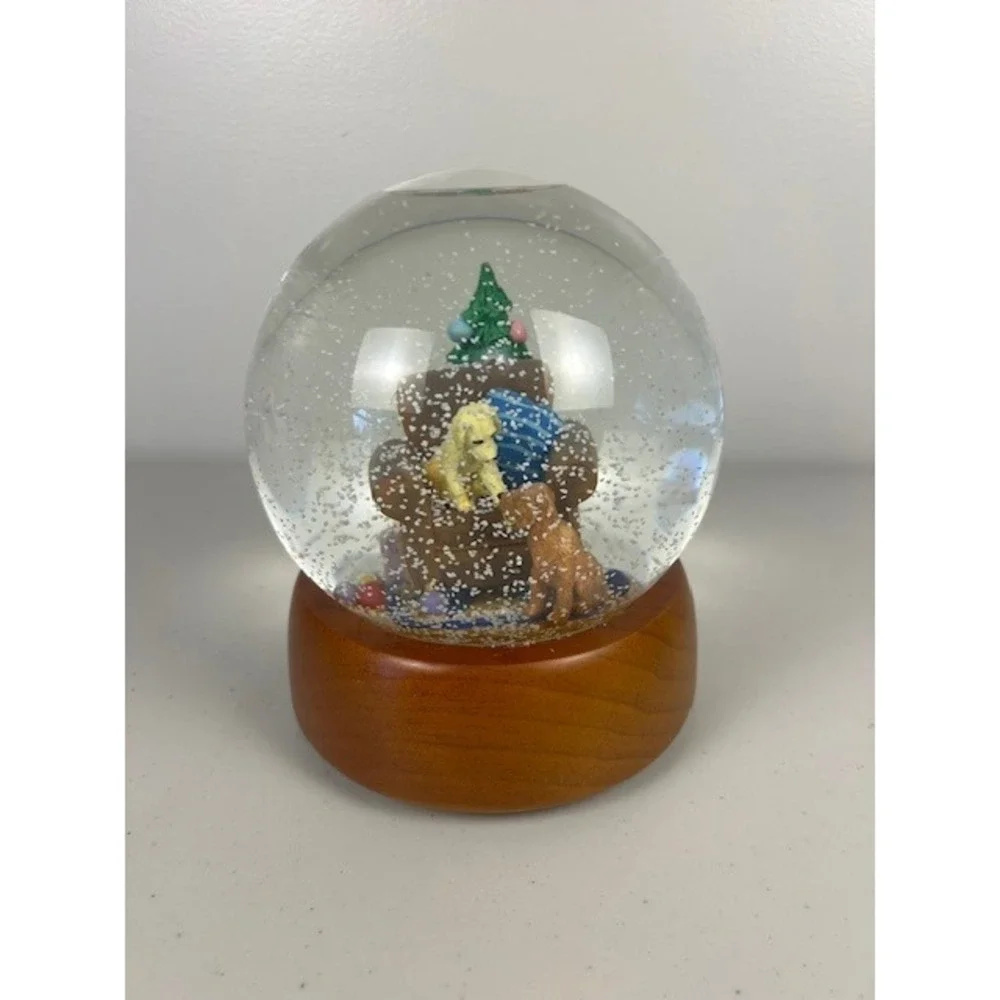 Pottery Barn Y2K‎ Christmas Snow Globe Golden Retriever Puppies Wood Base 7.5 In